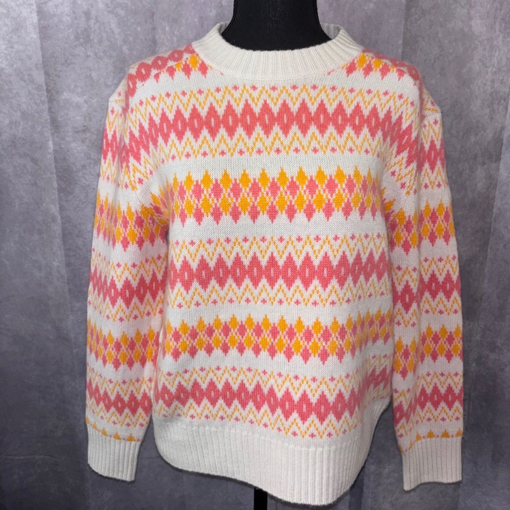 J.Crew Womens Small Pink Orange Ski Chic 100% Cashmere Crewneck Sweater NWT